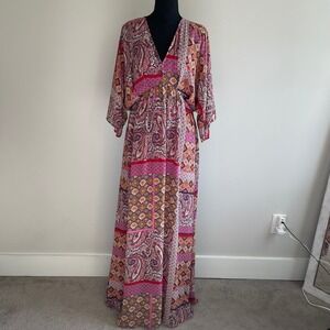 Entro Maxi Dress Boho Patchwork Paisley Print V Neck Kimono Sleeve Long L